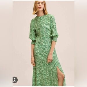 Mango Green Floral Puff Sleeve Midi Dress with Side Slit Size US 12 Boho Spring